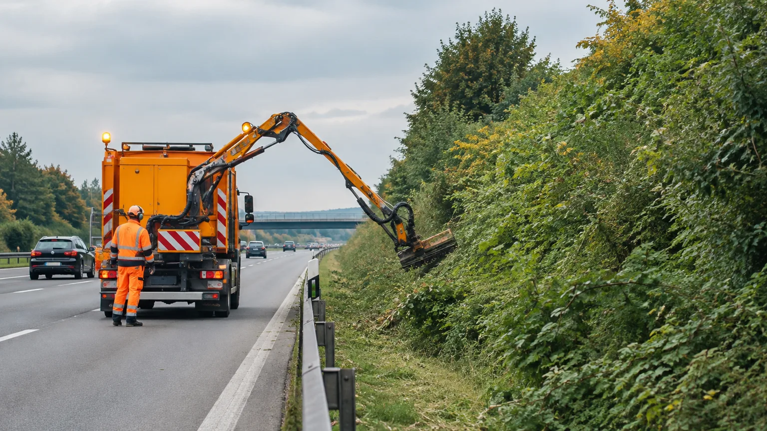Ein orangefarbenes Fahrzeug mit langem Mäharm steht neben einer begrünten Autobahnböschung.
