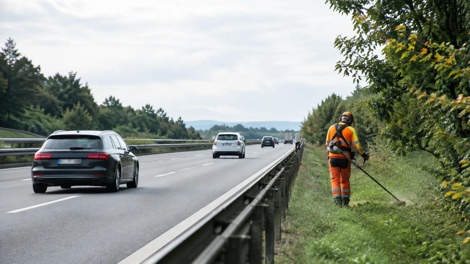 Eine Person in orangefarbener Warnkleidung steht neben der Schutzplanke einer Autobahn.