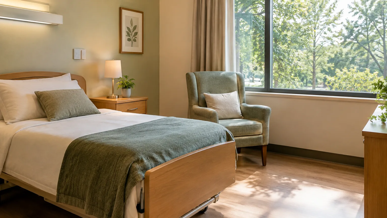 Ein gemachtes Bett und ein Sessel stehen in einem ruhigen, hellen Pflegezimmer.
