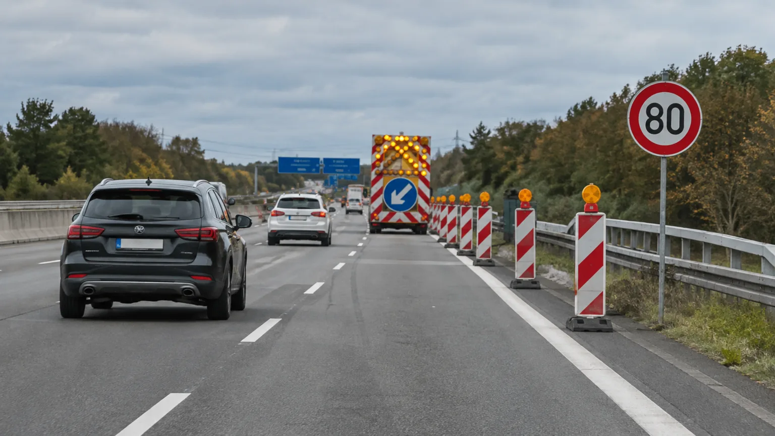 Autos fahren an Leitbaken und einem Schild mit Geschwindigkeitsbegrenzung auf einer Autobahn vorbei.