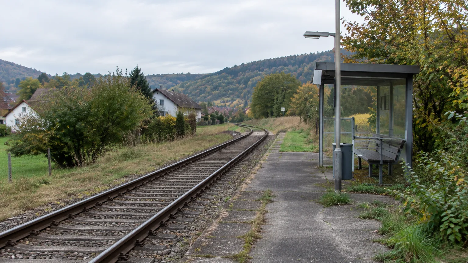 Bahngleise führen an einem kleinen, leeren Bahnsteig und einem Unterstand vorbei.